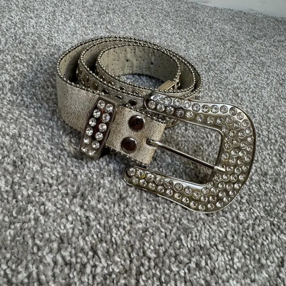 Rhinestone Western Belt Womens M Gold Genuine Leather Studded Rodeo Cowgirl Goth